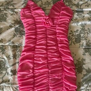 Pink Ruched Flower Mini Dress